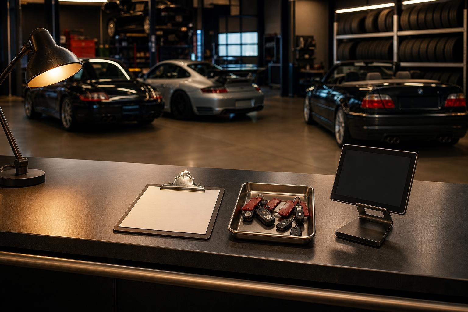 Clean auto service front desk with clipboard, key tray, tablet stand, and warm counter lamp