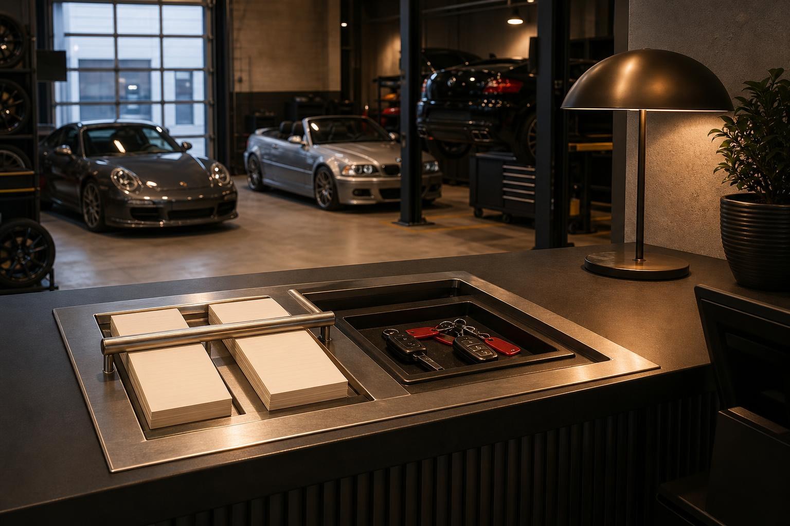 Clean auto shop pickup counter with key tray, receipt strips, and warm lamp