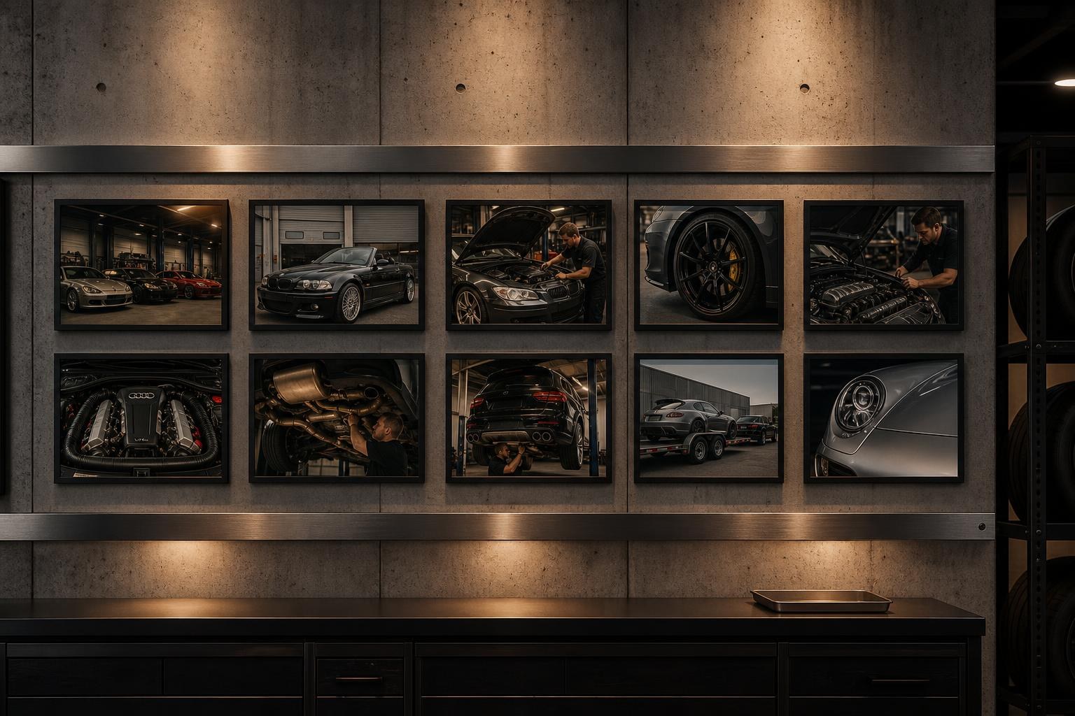 Concrete garage proof wall with metal photo rail and warm work lights