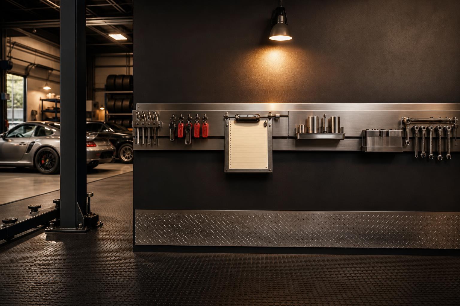 Clean diagnostic lift bay wall with a brushed metal service rail and warm task light