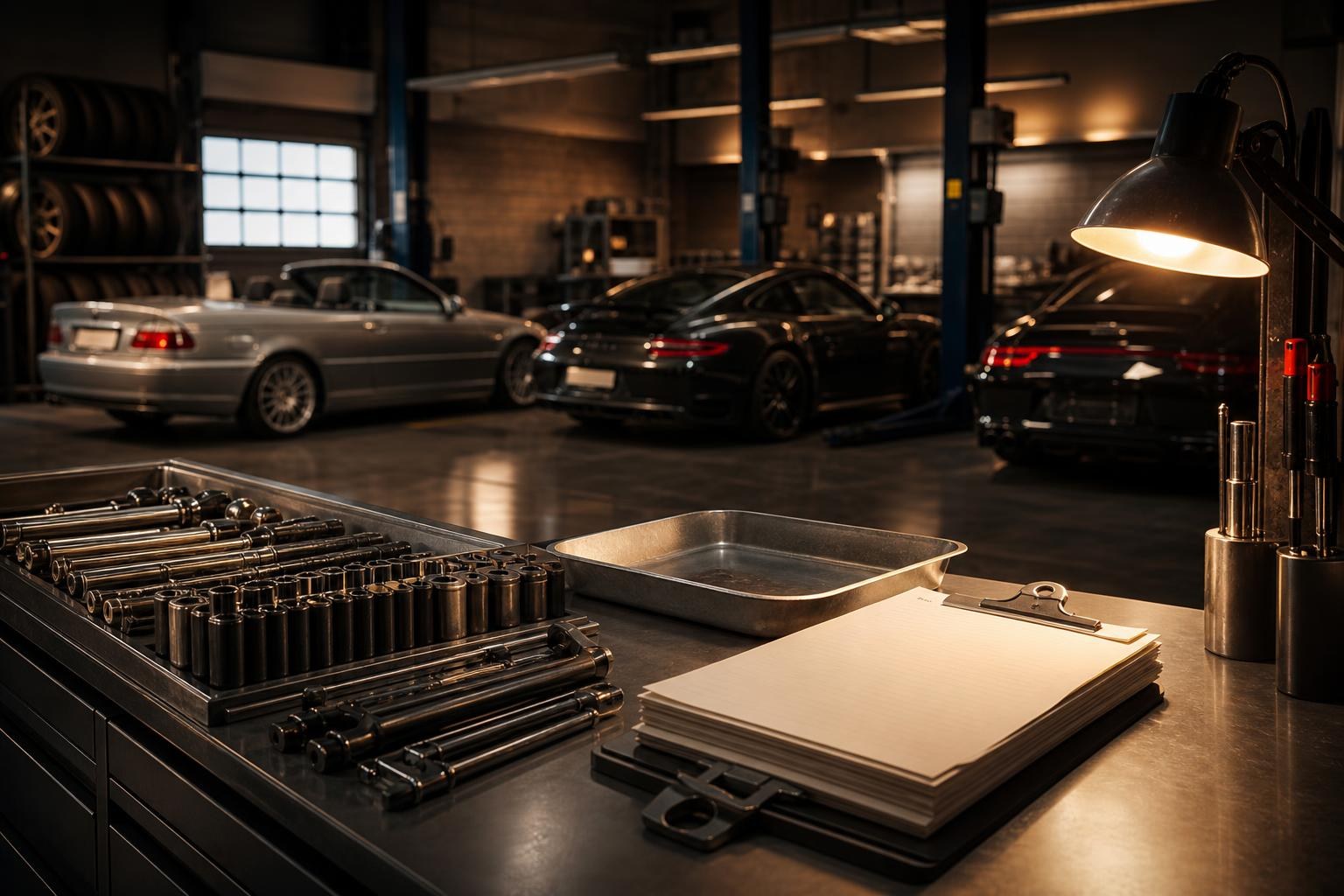 Clean auto shop tool bench with clipboard stack, socket tray, and warm task lamp